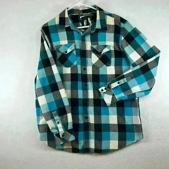Ocean Current Shirt Black/White/Aqua Young Men’s Large Soft Plaid Flannel Casual - Picture 1 of 8